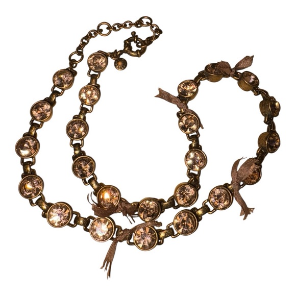 J.CREW Vintage Champagne Crystal Link Necklace Antique Gold-Tone ribbon ties JB9 - Picture 2 of 6